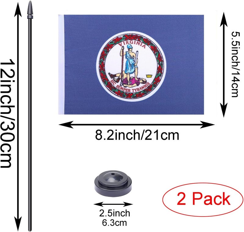 WXTWK 2 Pack USA Virginia Flag Virginia State Desk Flag Set - Mini Small Virginia Table Office Flags with Black 12" Solid Pole Stand Base Classroom Meeting Desktop Decorations - Image 2